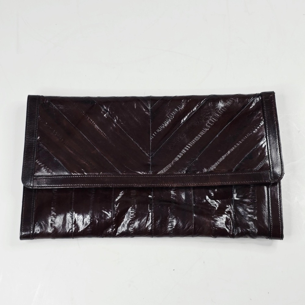 Vintage Eel Skin Clutch Wallet Womens Medium Glossy Purse‎ Zip Pockets 80s Korea